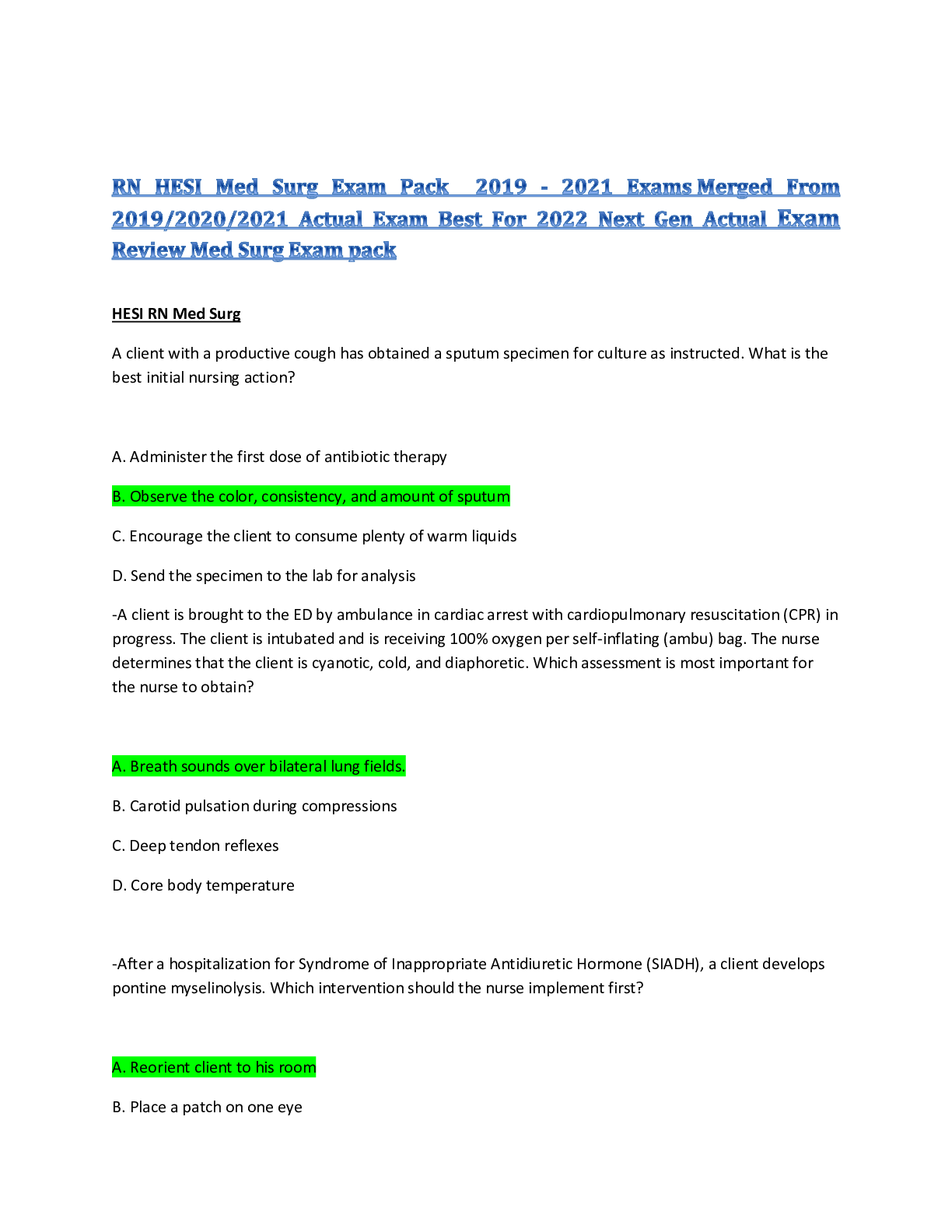 Preview image for RN HESI Med Surg Exam Pack | 2019 - 2021 Exams Combined | Best for HESI RN Med Surg 2022 Exam